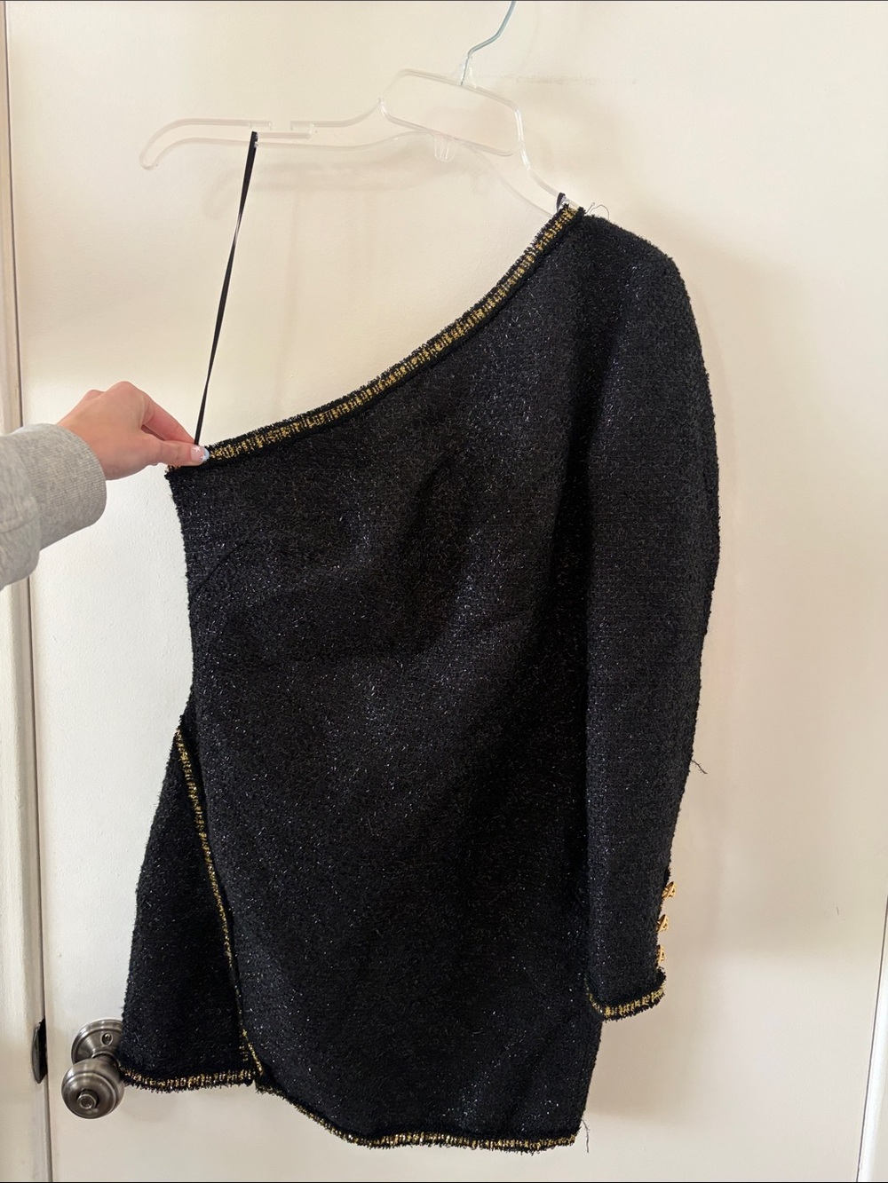 Black One-Shoulder Tweed Dress with Gold Trim